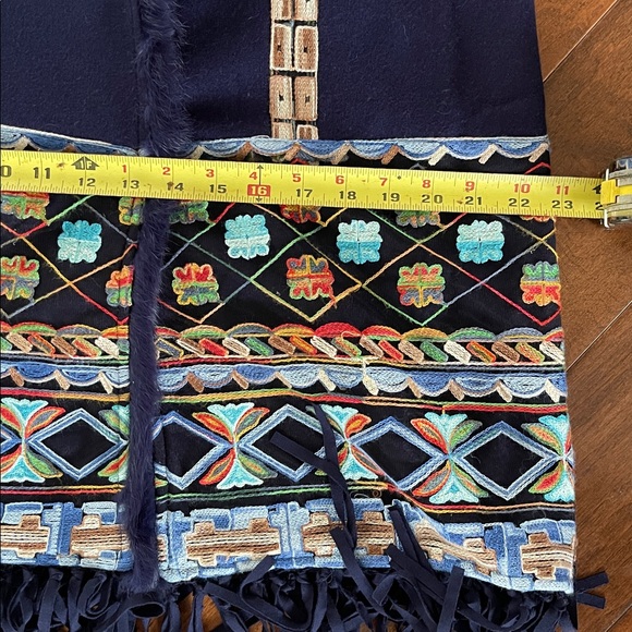 BOHO Navy Hooded Coat – Multi-Color Embroidery & Rabbit Fur Trim & Fringe Hem - Picture 6 of 16